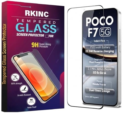 Image of RKINC Tempered Glass for Poco F7 (6.83 Inch) Military Grade Gorilla Screen Guard Protector | With Installation Kit | Edge to Edge Coverage | Black