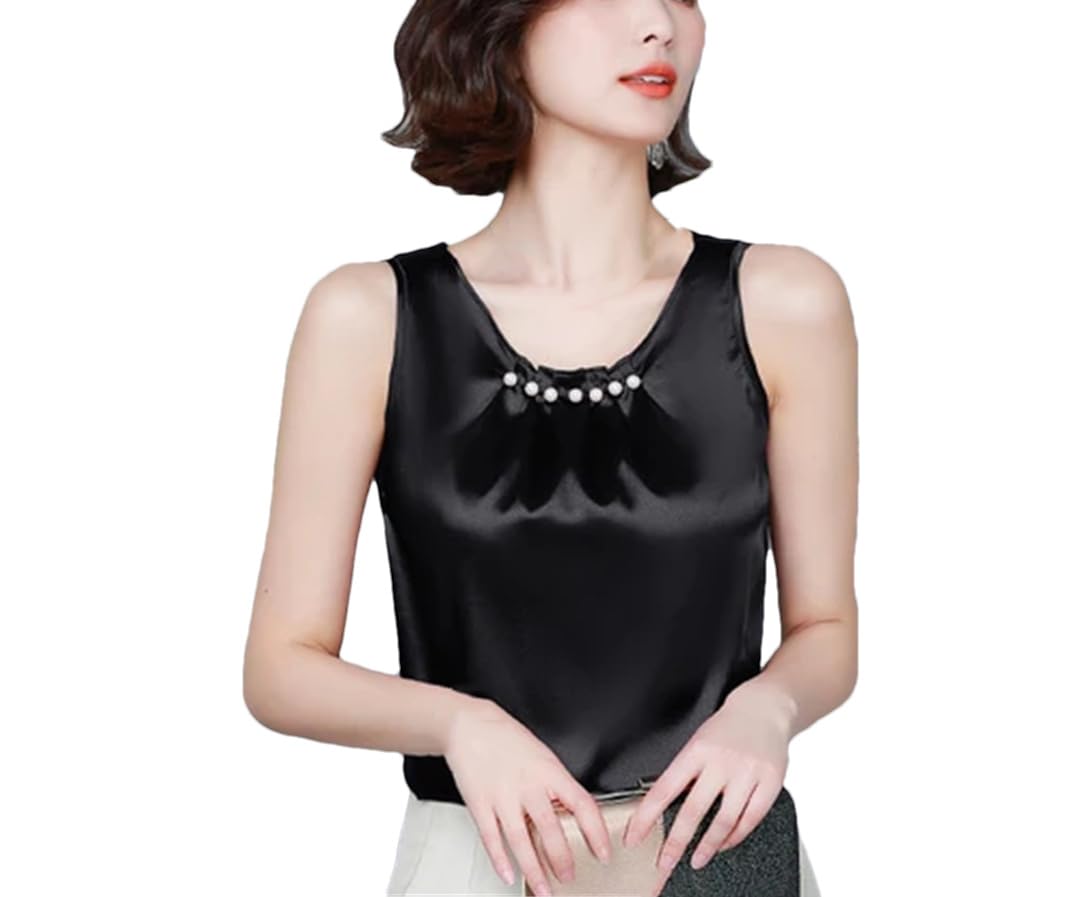 Donne Perline Gilet Senza Maniche Top Tinta Unita In Raso Di Seta Canotte