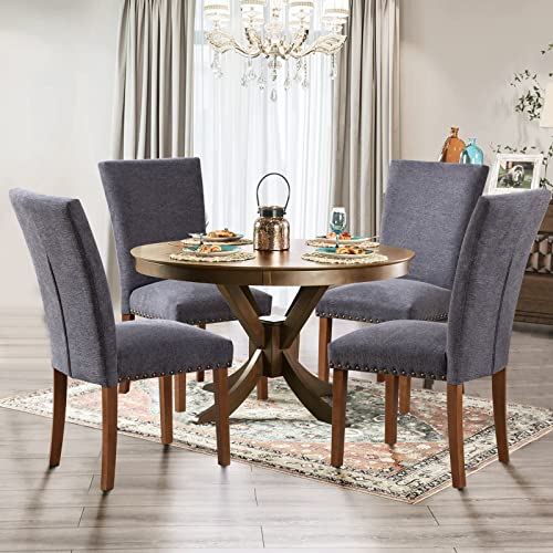 Image of Parsons Dining Chairs Set of 4, Upholstered Nailhead Dining Room Kitchen Side Chair with Thick Cushions and Wood Legs, Dark Grey