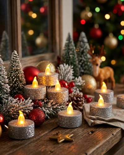 Image of 12Pcs Sliver Glitter Tea Light Candles Battery Operated with Timer