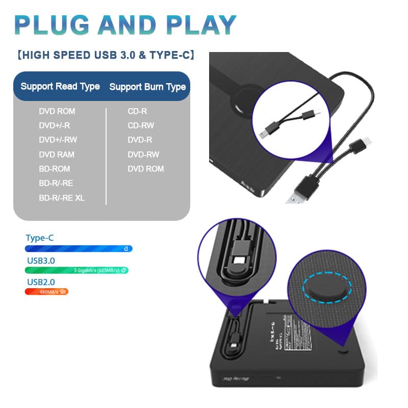 Lecteur DVD Blu-Ray Externe USB 3.0, Lecteur Optique Portable 3D, graveur CD/DVD, for Ordinateur, Windows 11 et Mac