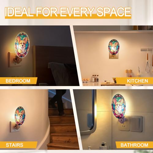 Image of Dog Night Light Corgi, Stained Glass Styled Plug-in Wall Nightlight, Bulb Included, Pet Memorial Dog Lover Gift, Bedroom Hallway Bathroom Decor, Manual On /Off Switch