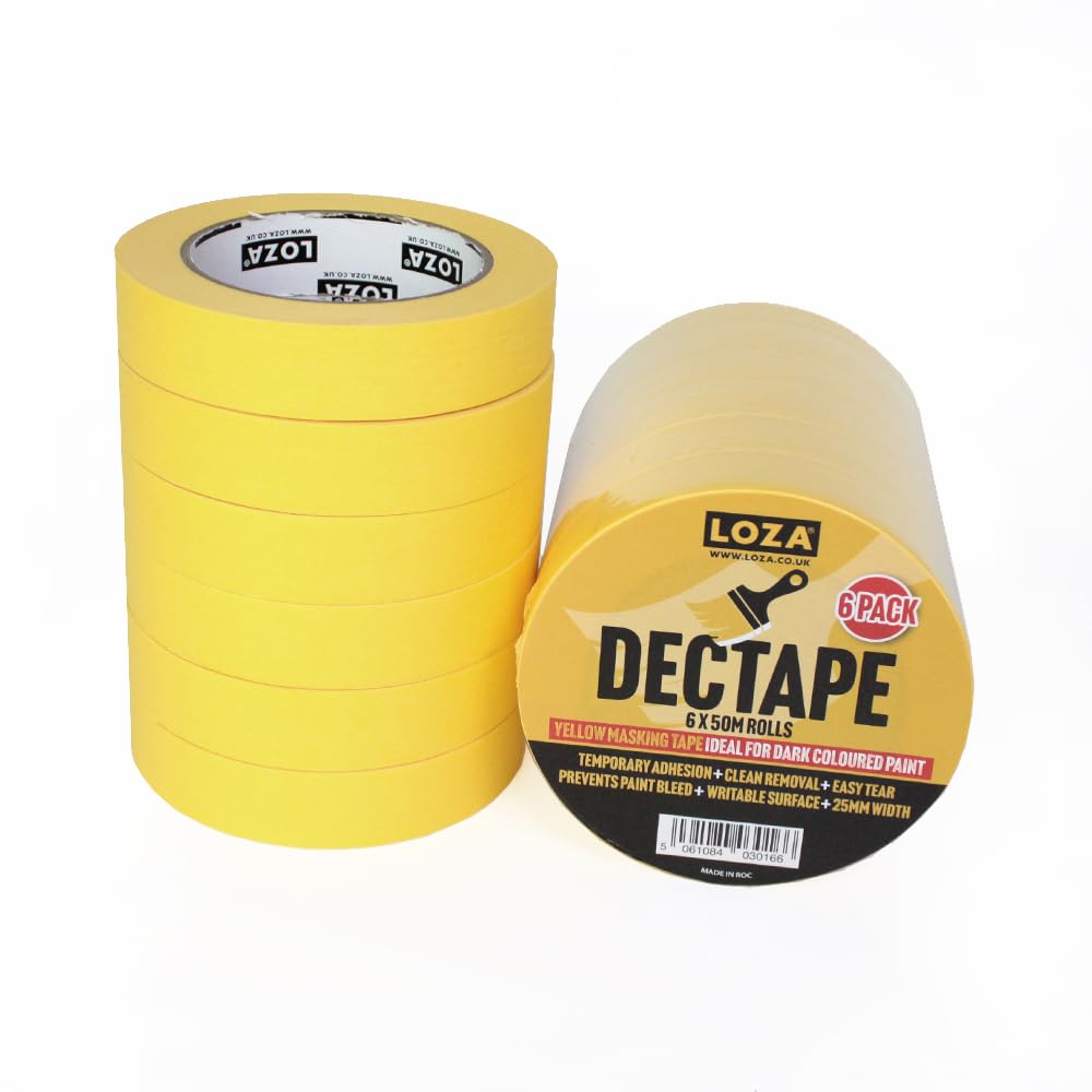 Loza DECTAPE Yellow Masking Tape, 6 Rolls, 24mm x 50m each. Crepe Paper Painters & Decorators Tape, Clean Removal, Resistant to 80°C, Indoor Use
