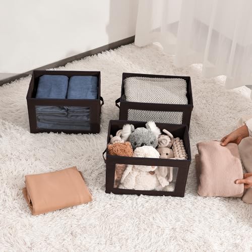 Image of Homsorout Foldable Storage Boxes with Clear Window - Clothes Organizers and Decorative Bins with Lid, Fabric Storage Cube, Baskets for Shelves, Yarn, Home, Brown, 3 Pack