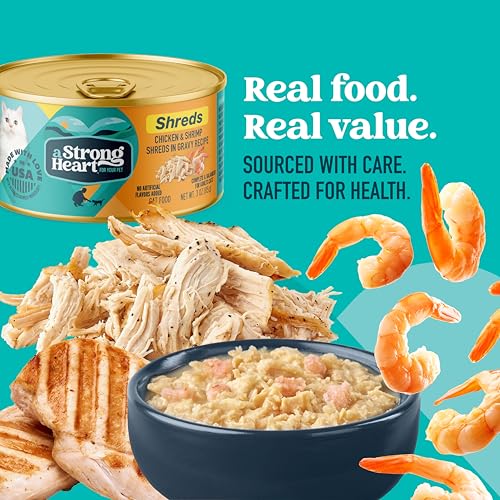 Image of A Strong Heart Wet Cat Food, Chicken & Shrimp Shreds in Gravy, Made with Whole Muscle Chicken, Made in the USA, 3oz Can (Pack of 24)
