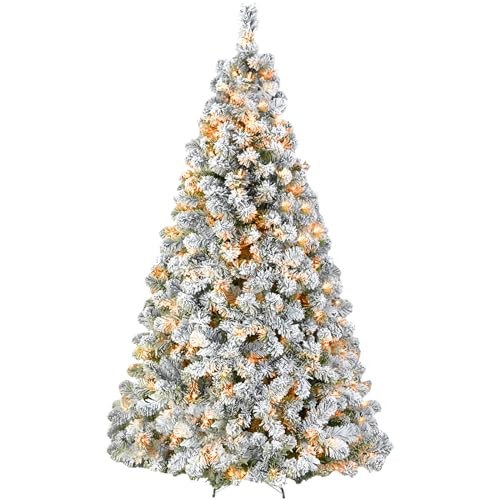 Image of Hykolity 6 ft Prelit Snow Flocked Christmas Tree, Artificial Christmas Tree with 250 Warm White LED Lights, 551 PVC Branch Tips, Easy Assembly with Metal Stand and Hinged Branches