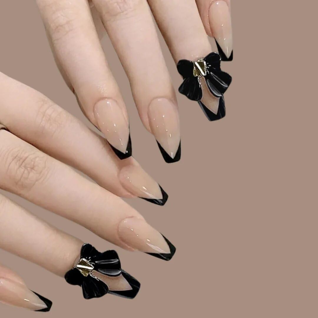 Set of 24 Artificial Reusable Nails In Black Tips With Bow Design With Glue (Maroon, Long)-picture-34