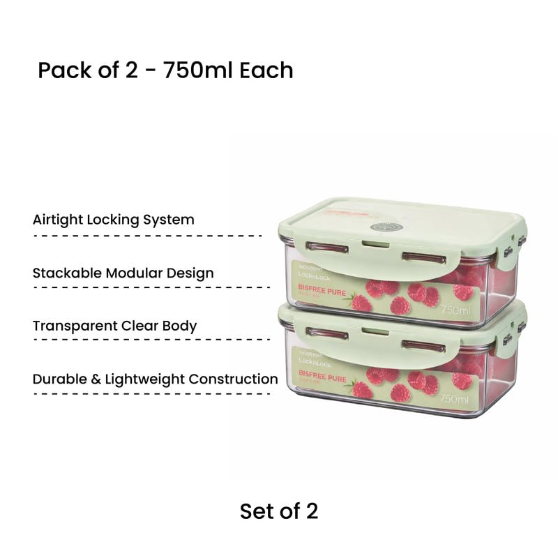 Image of LocknLock 750ml Food Storage Containers (Pack of 2) | Airtight, Leakproof, BPA-Free Plastic Boxes | Stackable Kitchen Containers for Lunch, Fridge & Pantry Storage