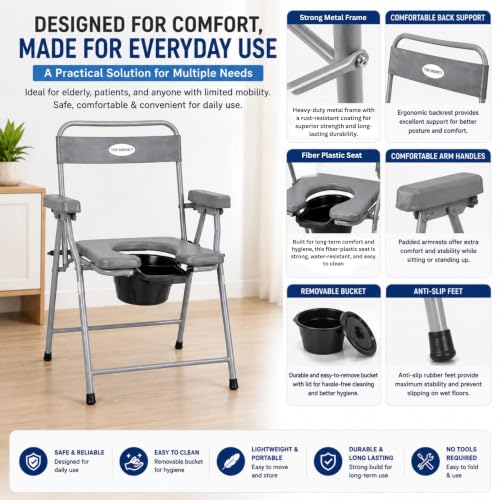 Image of Premium Folding Powder Coated Metal Steel Shower Bathing Room Mobile Commode Chair Indian Toilet Seat For Elderly Disabled Man and Pregant Women Support Safe Chair Anti-Slip (Grey)