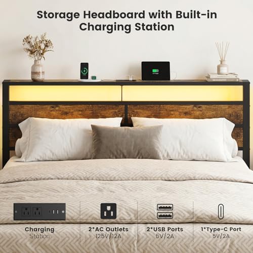 Image of King Size Bed Frame with LED Lights and Charging Station | Brown Metal Platform Bed, Wood Headboard, Sturdy Slats, No Box Spring Needed, Noise Free, Easy Assembly