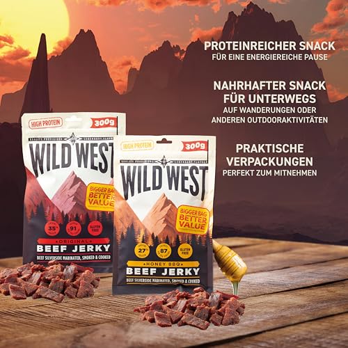 Wild West Beef Jerky, high Protein Trockenfleisch Bundle, Beef Jerky Protein Snack, 300g Honey BBQ & 300g Orginal, Rinderdörrfleisch