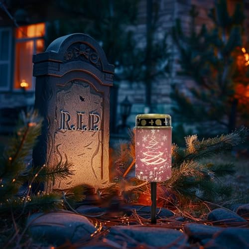 Image of Christmas Tree Light for Prayer Cemetery Solar Lights for Grave Cemetery Christmas Decorations Candle Lamp Eternal Lights for Graves Cemetery Memorial Gift 2 Pcs