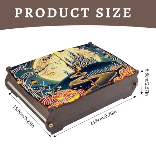 Image of MVVMTOP Diamond Painting Kit Wooden Storage Box, Hallowmas DIY Pumpkins and Castle Special Shaped Diamond Art Flip Cover Wooden Money Box, Handmade Art Desktop Decorations Birthday Gifts for Friends