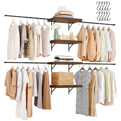 DWVO Closet Organizer System, Wall-Mounted Garment Rack Walk In Closet System, 4 Expandable Hanger Rods 4-Tier Wood Closet Storage Shelves with Backplane, Fits 6-9 ft Space, Black