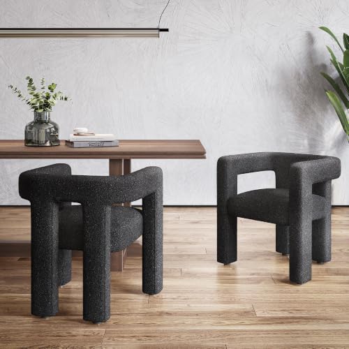 Image of BELLEZE Modern Boucle Barrel Dining Chair Set of 6, Upholstered Linen Kitchen Boucle Armchair with Sidearms and Back, for Dining Room Living Room- Black