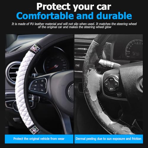 Image of Osilly Bling Car Steering Wheel Cover, 15 Inch Rhinestones Soft Leather Elastic Steering Wheel Protector, Sparkly Crystal Diamond for Women Girls (White)