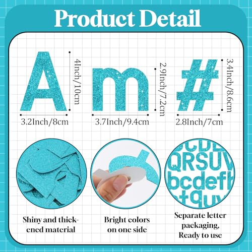 Image of Vuzvuv 295 Pcs Glitter Bulletin Board Letters and Numbers, 4 Inch Classroom Decor with Adhesive Points, Alphabet Cut Outs for School Display (Turquoise Blue)
