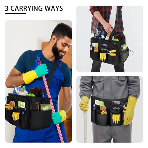 Large Cleaning Caddy Tote with Removable Divider, Heavy-Duty Wearable Apron Organizer with Pockets for Housekeeping, Cleaning Supplies, Tools (Black)3