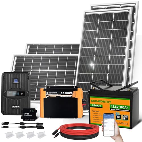 ECO-WORTHY 1.6KWH Complete Solar Panel Kit 400W 12V for RV Off Grid: 400W Solar Panels + 40A MPPT Charge Controller +12V 100Ah Lithium Battery + Solar Power Inverter + Bluetooth Module