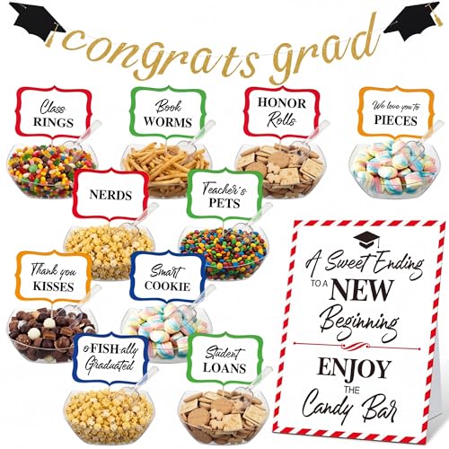 Meanplan 34 Pcs 2026 Graduation Candy Bar Party Decoration Graduation Candy Bar Party Supplies Buffet Plastic Bowls Spoons Congrats Grad Banner Buffet Sign Snack Labels for High School College Color