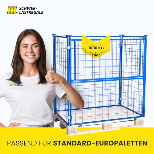 HHL Euro-Gitterbox mit klappe | Gitteraufsatzrahmen H1200 x B1200 x L800mm für aufbewahrung| Faltbarer Gitterrahmen für Euro-palette | Gitterbehälter aus Stahl | Gitterboxen für Holz, Lager | Blau