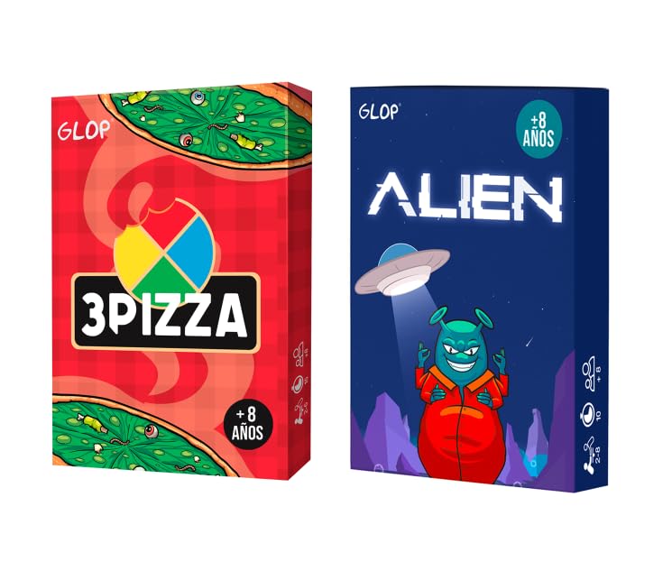Glop Pack Alien + 3Pizza | 2 Juegos de Mesa de Cartas Familiares | Niños y Adultos a Partir de 8 años | Partidas rápidas | Divertidos y Educativos | Regalo Original para Familia y Amigos