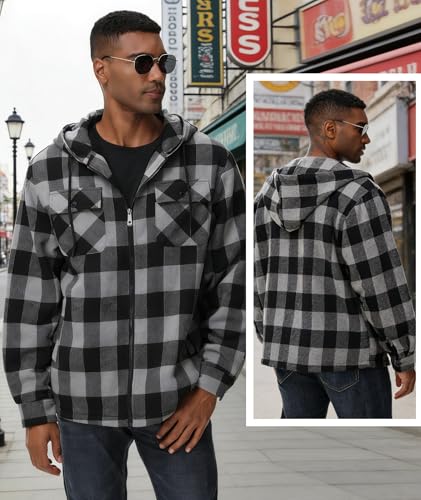 Image of V VALANCH Men's Flannel Shirt Jacket with Hood Fleece Lined Plaid Jacket Zip Up Winter Warm Coat