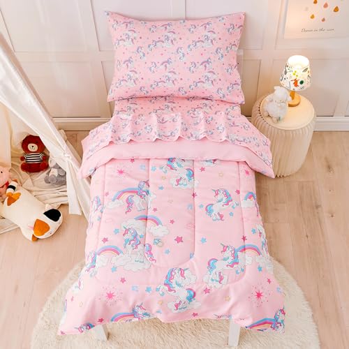 Image of lasoftan Pink Unicorn Toddler Bedding Set for Girls, 4 Piece Bed-in-a-Bag Toddler Comforter Sets, Super Soft and Comfortable Microfiber Todeeler Bed Set