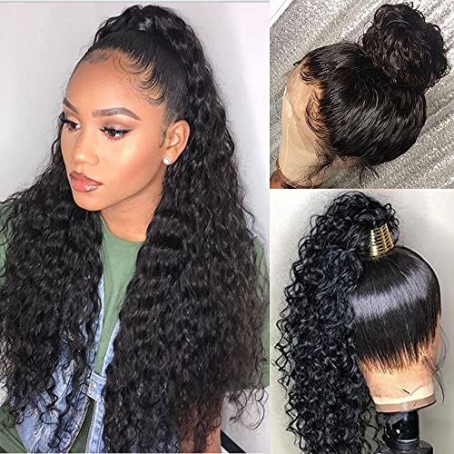 360 Lace Front Wigs Human Hair Pre Plucked,Curly Water Wave Lace Front Wig Human Hair,180% Density 16 Inch HD Transparent Lace Front Wigs Human Hair For Black Women,Can Make Ponytail