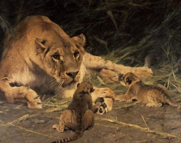Impresiones de lienzo una leona y sus cachorros pintura Wilhelm Kuhnert