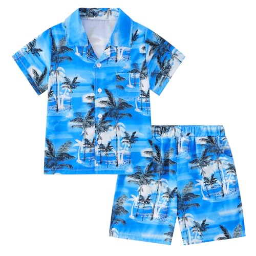 Image of Weixinbuy Boys Summer Outfits Short Sleeve Hawaiian Shirt and Shorts Vacation Set for Kids Summer Clothes Set