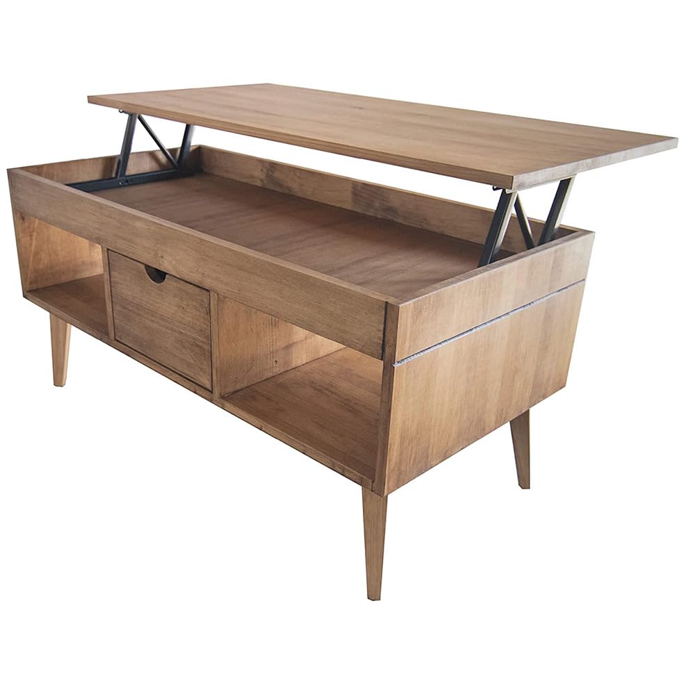 LoMasCasa - Mesa de Centro Elevable Modelo Karla con Cajón Deslizante Central, Madera Maciza de Pino Natural en Color Madera Encerada. Patas Cónicas. Medidas 100 x 50 x 47 cm