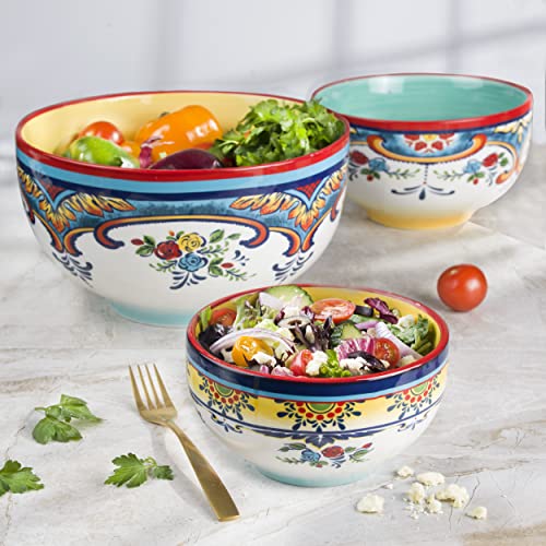 Euro Ceramica Zanzibar Collection Vibrant Ceramic Mixing Bowls, 3 Piece Set, Spanish Floral Design, Assorted Sizes, Multicolor,176 fluid ounce - Image 3
