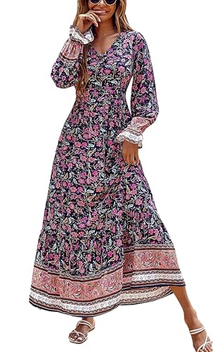 PRETTYGARDEN Long Sleeve Maxi Dress for Women V Neck Casual Button Down Boho Long Floral Dresses