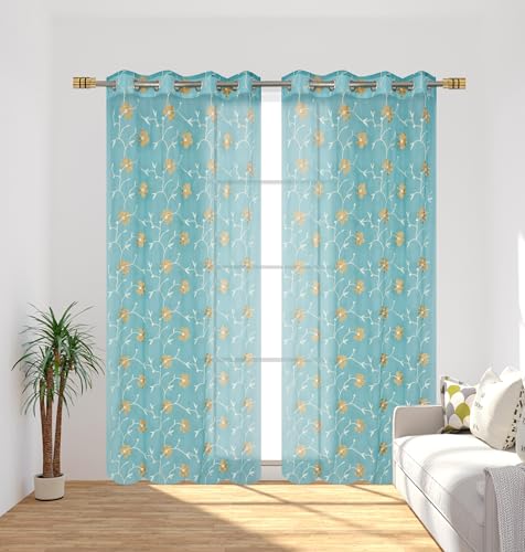 Image of Homefab India Embroidery Floral Net Transparent Sheer Curtain - 7X4 Feet, Door Curtains, Aqua, Pack of 2 Pcs