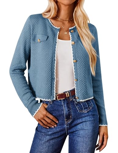 GRACE KARIN Women’s Cardigans Cropped Sweater Open Front Lightweight Knit Cardigans for Casual Dinner Evening Party Blue L