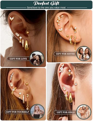 Florideco Gold Flat Back Earrings for Women | 20G Hypoallergenic Surgical Steel Stud and Hoop Earring Set - Cartilage Jewelry for Tragus Helix Daith Conch - Multiple Piercing Ear Stack Set 12 PCS(Single)2