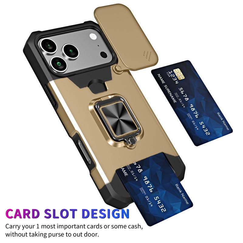 Image of LuxuryKase Shockproof Armor Case for iPhone 17 Pro | Slide Camera Cover | Hidden Card Slot | Rotating Ring Kickstand | Magnetic Car Mount Support | Military Grade Protection - Gold