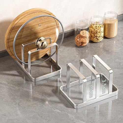 Image of Space-Saving Stainless Steel Pot Lid and Cutting Board Organizer Countertop Rack - Silver