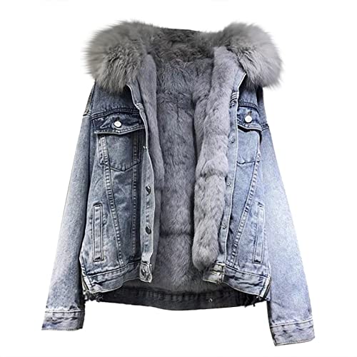 DeaAmyGline Jeansjacke Damen mit Fellkapuze Fleece Gefüttert Dicke Warme...