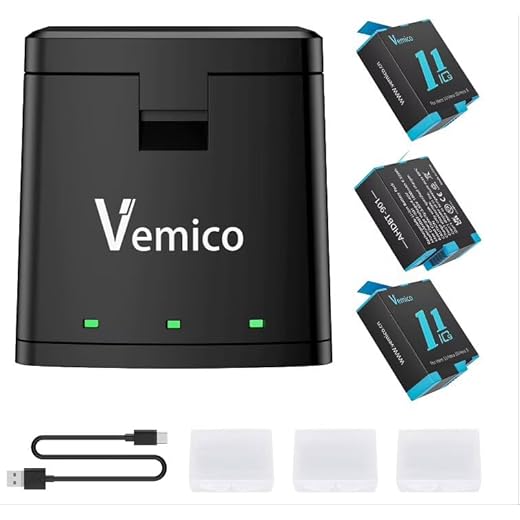 Vemico Hero 7 Battery Charger Kit with 1500mAh 3 Packs Hero 5 Batteries USB-C 3-Slots Charger for Hero 7 Black,Hero 6 Black,Hero 5 Black,Hero 2018 AHDBT-501 Battery