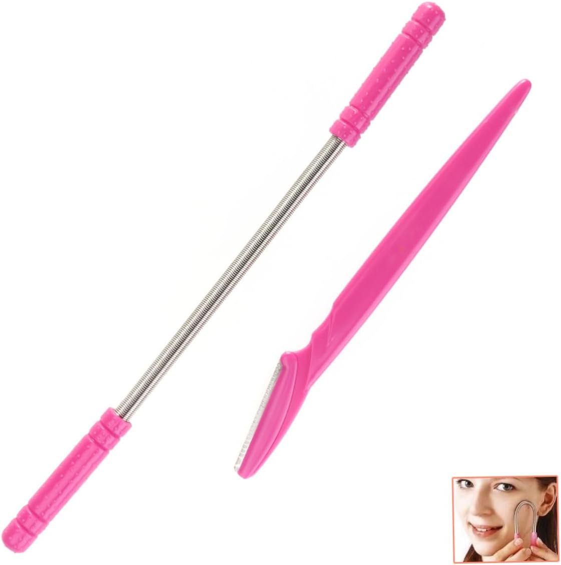 VOSAREA 2pcs Facial Hair Removal Spring Epilator Set with Eyebrow Razor Shaper Painless Hair Removal Tool for All Skin Types for Forehead Cheeks Upper Lip Chin Pink