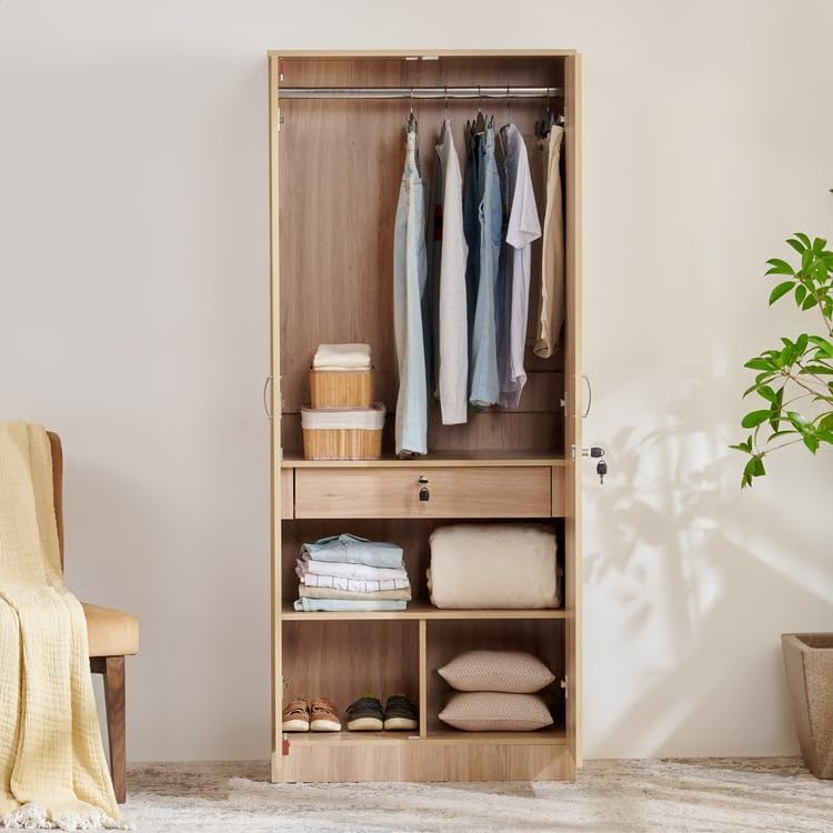 Image of Home Centre Engineered Wood Helios Alton 2-Door Wardrobe with Mirror, Brown