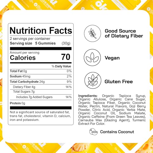 Image of ōku Energy Chews - Energy Gummies w /Natural Caffeine from Green Tea | Yerba Mate, Coconut Water for Hydration, Vegan Fiber Gummy, Non-GMO | Running, Cycling, On-the-Go Snacks, Pineapple (12-Pack)