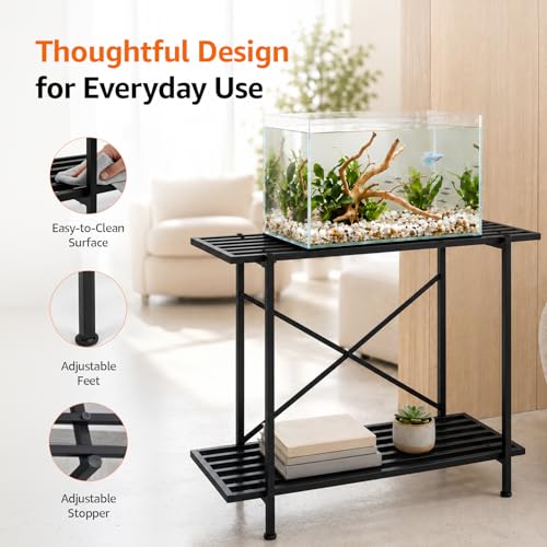 Image of Amazon Basics 2-Tier Fish Tank Stand | Heavy-Duty Metal Aquarium Rack | Adjustable Feet | Multi-Purpose Storage Shelf | Rust-Resistant Powder Coated Finish | Easy Assembly | Black | 88L x 29W x 74H cm