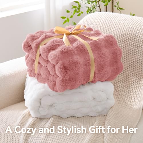Image of BEDELITE Faux Fur Throw Bubble Blanket for Couch, 60 inch x 80 inch, Dusty Pink | 870GSM Soft Cozy Plush Blanket for Sofa & Bed Living Room Decor, Warm Fuzzy Faux Rabbit Fur for Women Gift, All Season Use