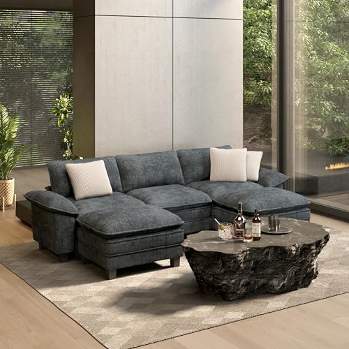 Image of HERA'S HOUSE 124 inch Oversized Modular Sectional U Shaped Sofa,Chenille Blue | 5-Seater Living Room Couches, Wider Armrest and Deep Seat, Comfy Cloud Couch with Ottoman, Wood Sturdy Frame