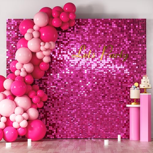 COKAOBE Hot Pink Shimmer Wall Backdrop, 36PCS Square Sequin Shimmer Backdrop Panel, Photo Backdrops for Birthday, Anniversary, Wedding, Graduation & Bachelorette Party Decoration