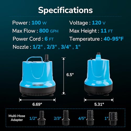 Image of 800 GPH Submersible Water Pump - 100W Sump Pump with 11ft High Lift for Outdoor Ponds, Hydroponics, Statues, Waterfalls, Aquariums, and Fish Tanks
