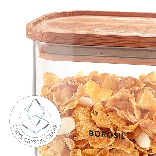 Image of Borosil 600ml Storage Jar Set with Bamboo Lid | Made in India Borosilicate Glass Dishwasher Safe Container for Kitchen | Multipurpose Kitchen Organizer for Cookie & Dals